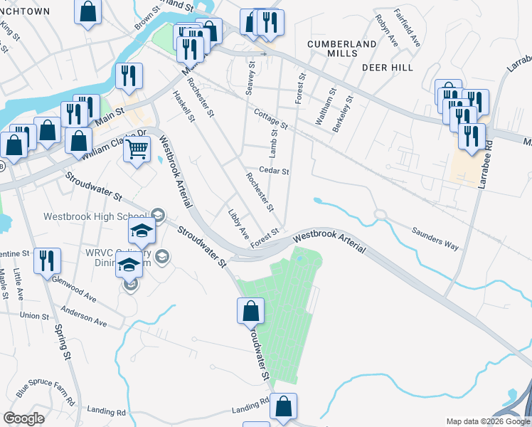 map of restaurants, bars, coffee shops, grocery stores, and more near 205 Rochester Street in Westbrook
