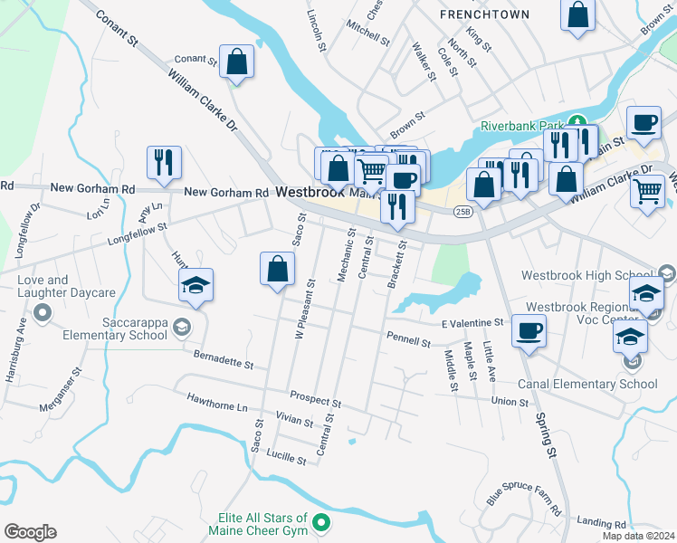 map of restaurants, bars, coffee shops, grocery stores, and more near 84 Mechanic Street in Westbrook