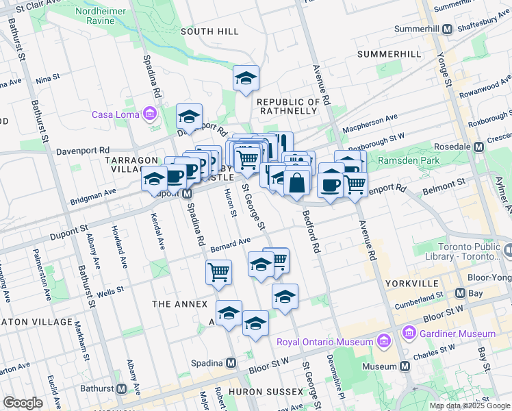 map of restaurants, bars, coffee shops, grocery stores, and more near 280 Saint George Street in Toronto
