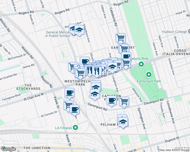 map of restaurants, bars, coffee shops, grocery stores, and more near 1772 Saint Clair Avenue West in Toronto