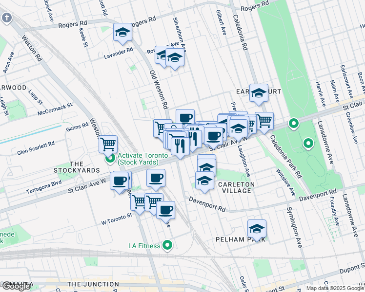 map of restaurants, bars, coffee shops, grocery stores, and more near in Toronto