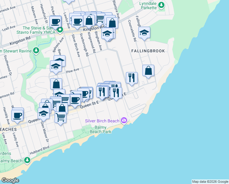 map of restaurants, bars, coffee shops, grocery stores, and more near 92 Neville Park Boulevard in Toronto