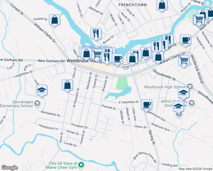 map of restaurants, bars, coffee shops, grocery stores, and more near 71 Church Street in Westbrook