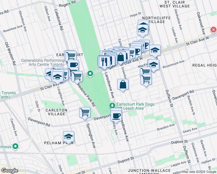 map of restaurants, bars, coffee shops, grocery stores, and more near 1262 Lansdowne Avenue in Toronto