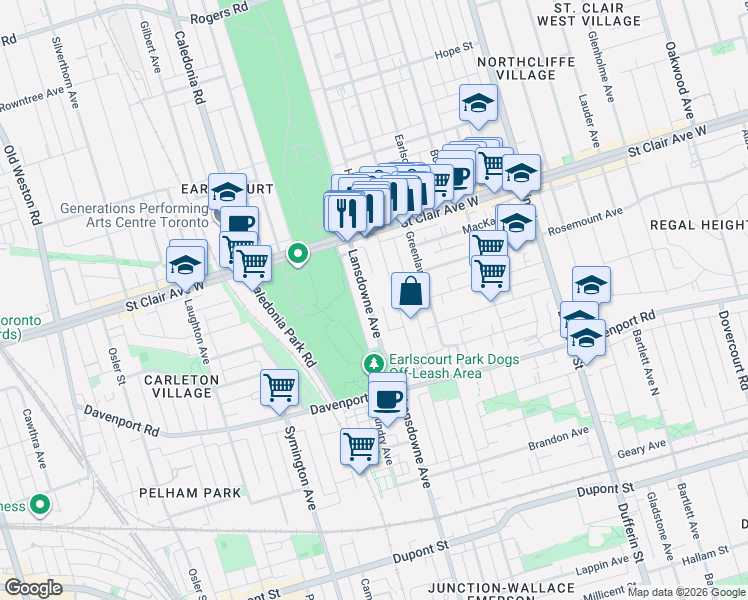 map of restaurants, bars, coffee shops, grocery stores, and more near 1365 Lansdowne Avenue in Toronto