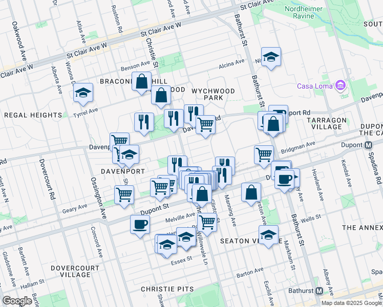 map of restaurants, bars, coffee shops, grocery stores, and more near 240 Melita Avenue in Toronto