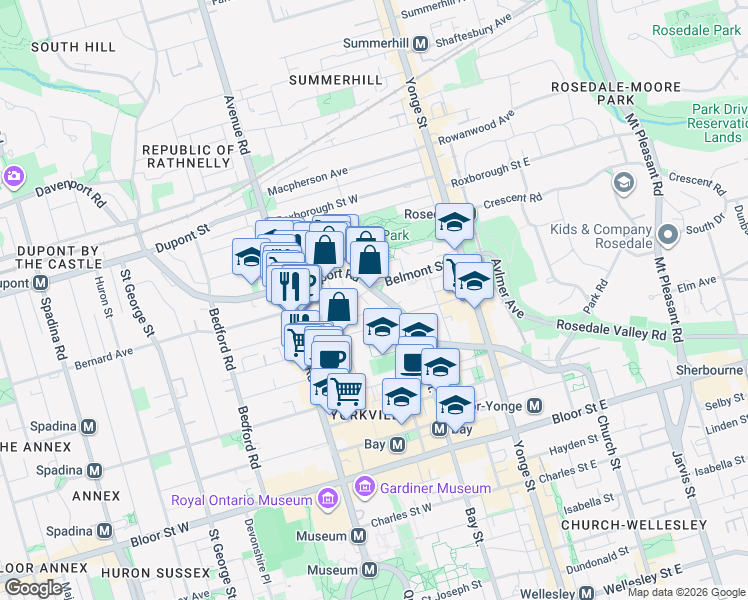 map of restaurants, bars, coffee shops, grocery stores, and more near 87 Hazelton Avenue in Toronto