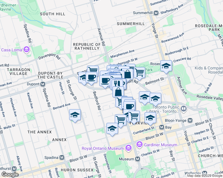 map of restaurants, bars, coffee shops, grocery stores, and more near in Toronto
