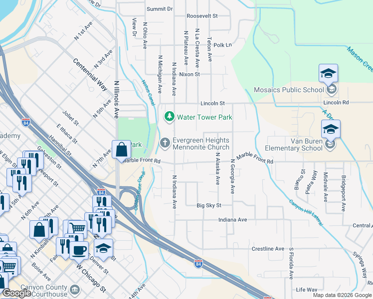 map of restaurants, bars, coffee shops, grocery stores, and more near 2105 Marble Front Road in Caldwell