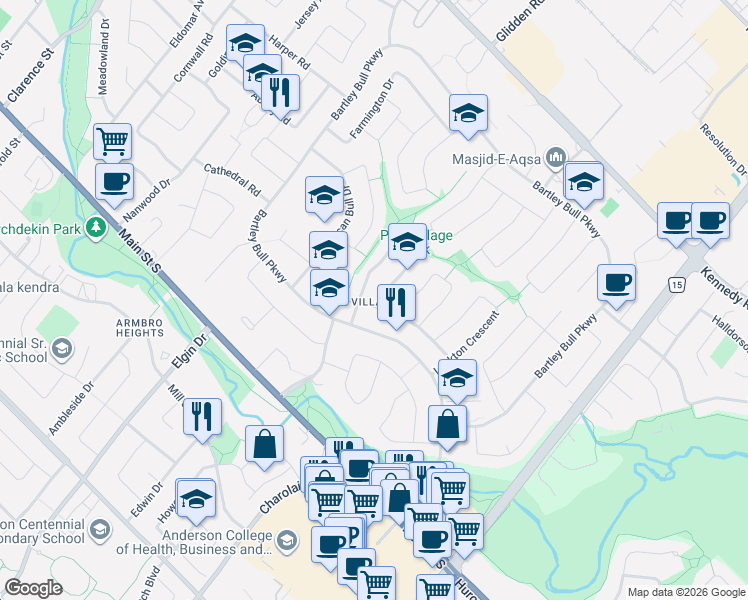 map of restaurants, bars, coffee shops, grocery stores, and more near 57 Inglewood Drive in Brampton