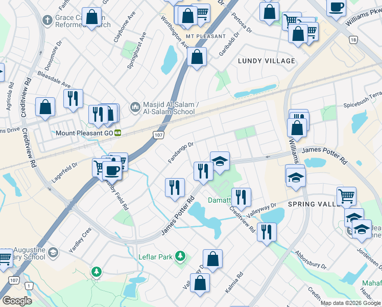map of restaurants, bars, coffee shops, grocery stores, and more near 9 Georgian Road in Brampton
