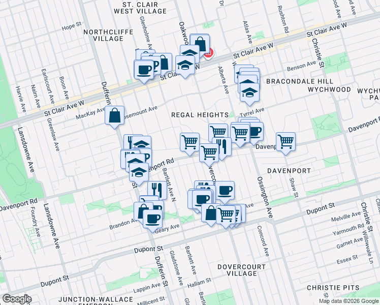 map of restaurants, bars, coffee shops, grocery stores, and more near 1268 Davenport Road in Toronto