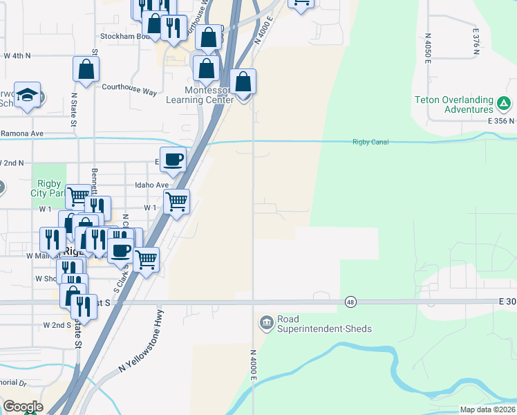 map of restaurants, bars, coffee shops, grocery stores, and more near 328 North 4000 East in Rigby