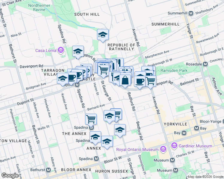 map of restaurants, bars, coffee shops, grocery stores, and more near 280 Saint George Street in Toronto