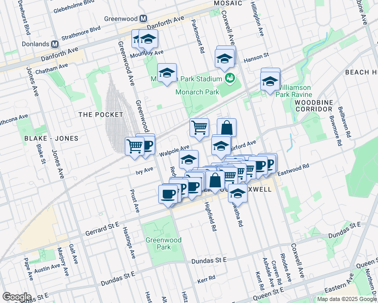 map of restaurants, bars, coffee shops, grocery stores, and more near in Toronto