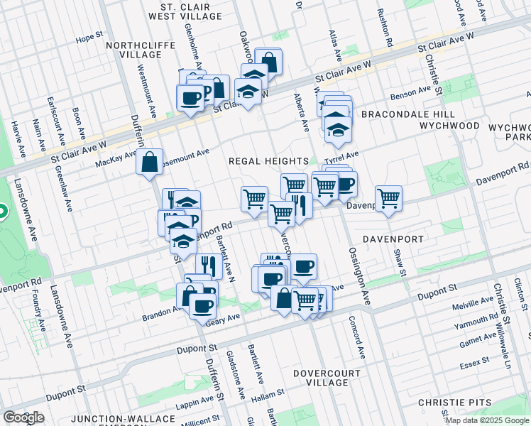 map of restaurants, bars, coffee shops, grocery stores, and more near in Toronto