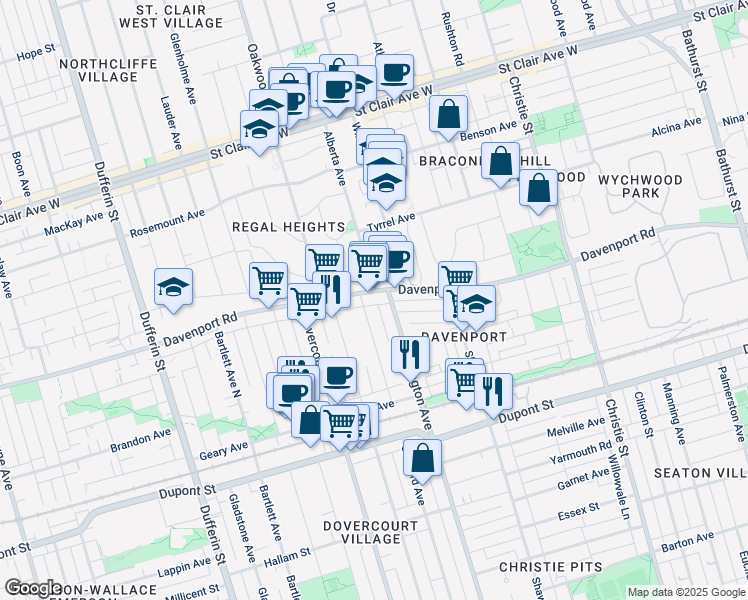 map of restaurants, bars, coffee shops, grocery stores, and more near 1147 Davenport Road in Toronto