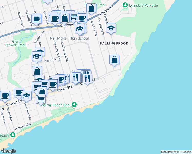 map of restaurants, bars, coffee shops, grocery stores, and more near 2380 Queen Street East in Toronto