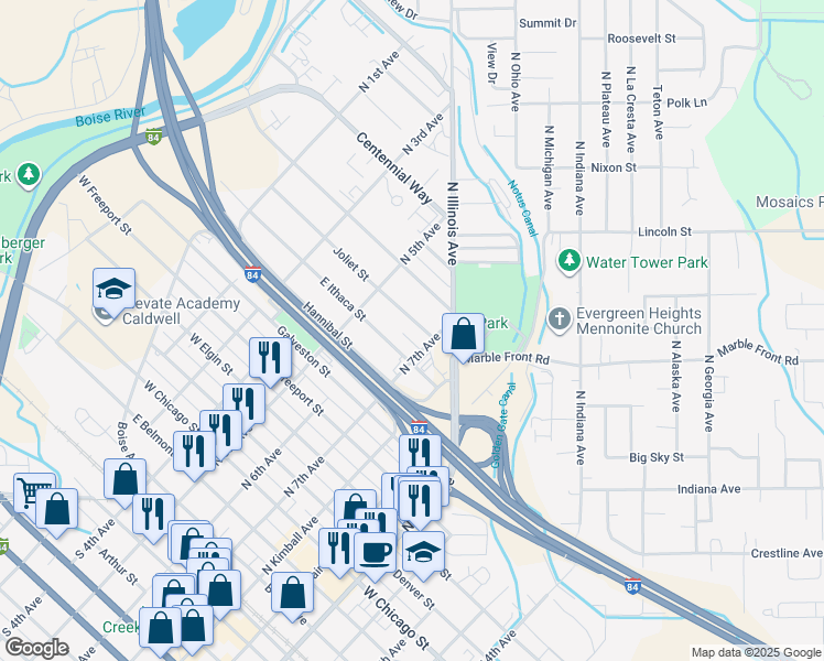 map of restaurants, bars, coffee shops, grocery stores, and more near 609 East Ithaca Street in Caldwell