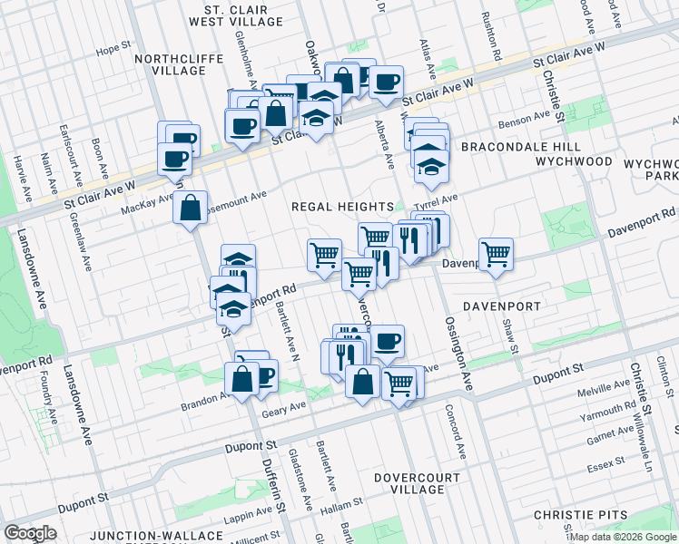 map of restaurants, bars, coffee shops, grocery stores, and more near 1254 Davenport Road in Toronto