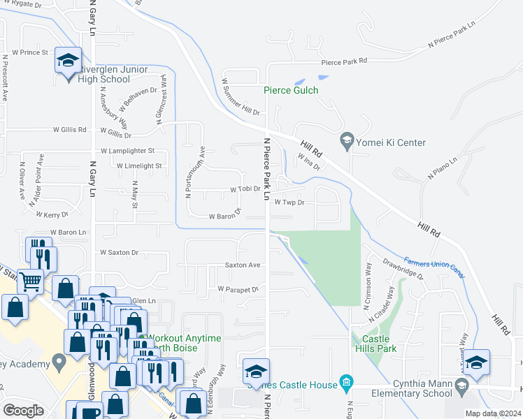 map of restaurants, bars, coffee shops, grocery stores, and more near 59515953 North Pierce Park Lane in Boise