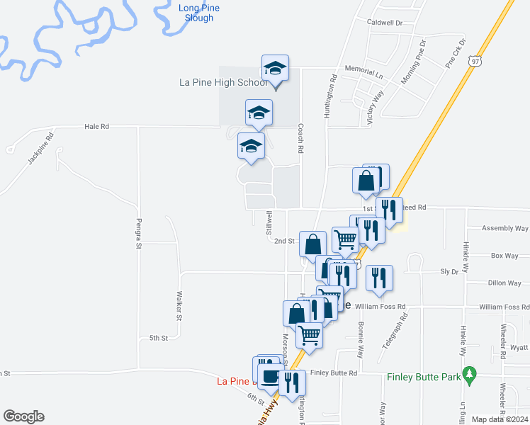 map of restaurants, bars, coffee shops, grocery stores, and more near 51595 Stillwell in La Pine
