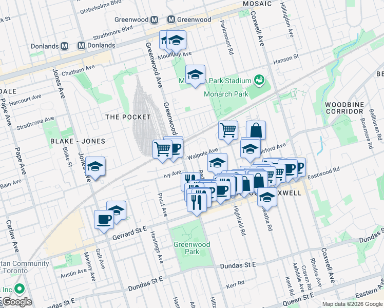 map of restaurants, bars, coffee shops, grocery stores, and more near 20 Walpole Avenue in Toronto