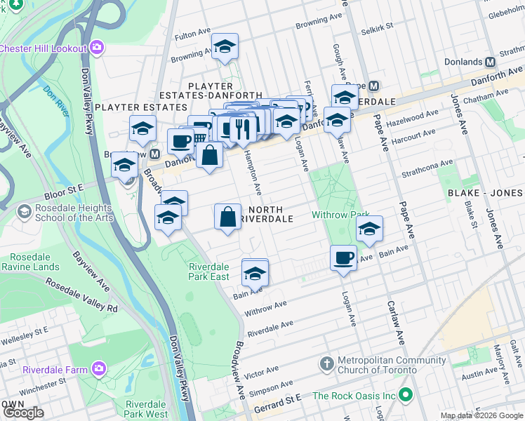 map of restaurants, bars, coffee shops, grocery stores, and more near 80 Hogarth Avenue in Toronto