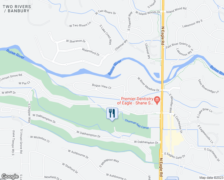 map of restaurants, bars, coffee shops, grocery stores, and more near 619 West Bogus View Drive in Eagle