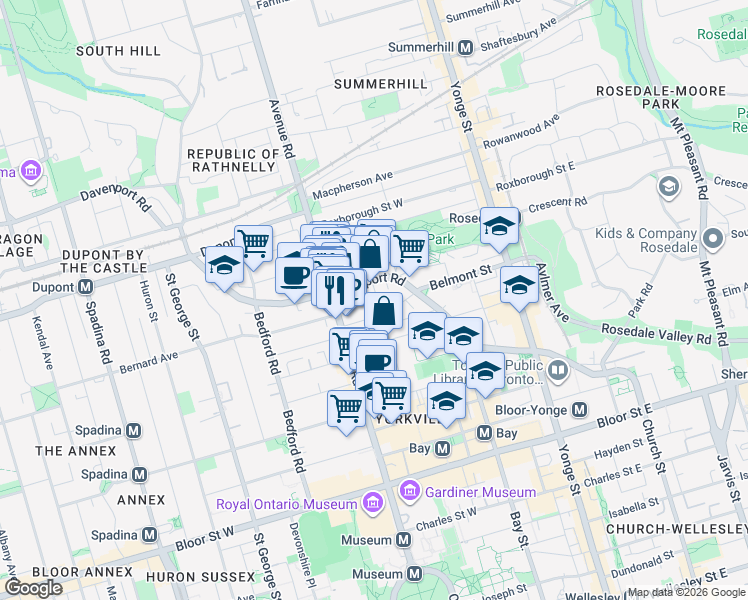 map of restaurants, bars, coffee shops, grocery stores, and more near 116 Hazelton Avenue in Toronto