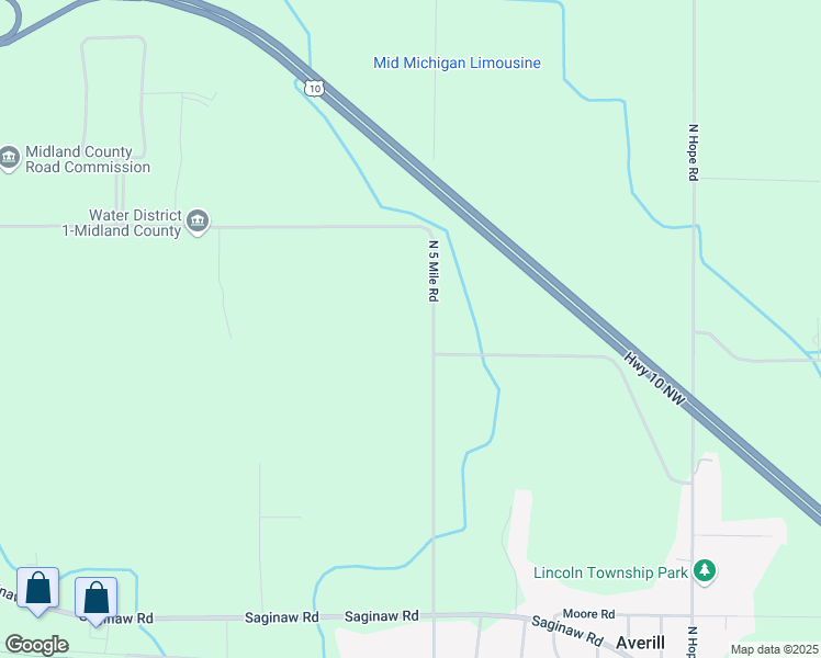 map of restaurants, bars, coffee shops, grocery stores, and more near 2099 North 5 Mile Road in Midland