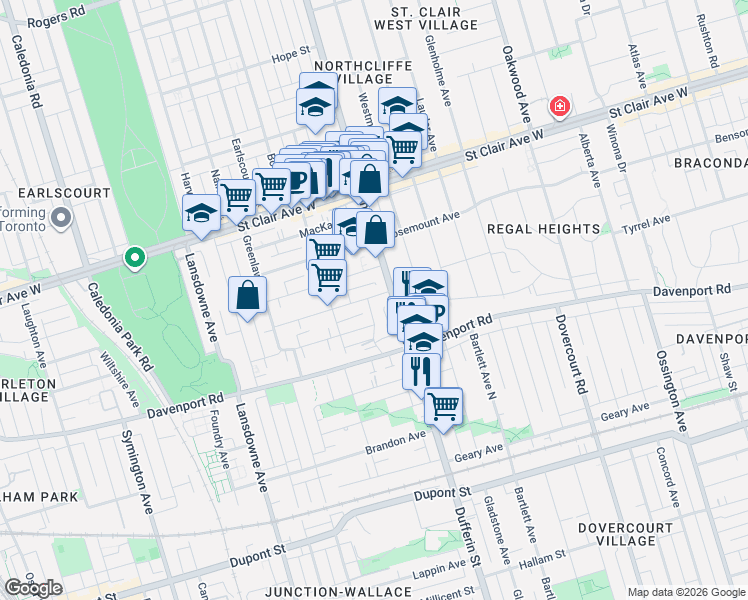 map of restaurants, bars, coffee shops, grocery stores, and more near 77 McFarland Avenue in Toronto