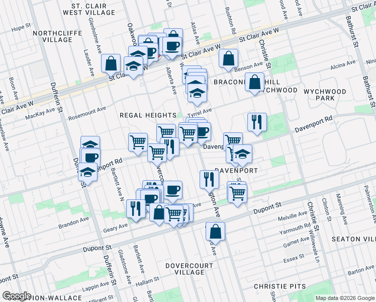map of restaurants, bars, coffee shops, grocery stores, and more near 1155 Davenport Road in Toronto
