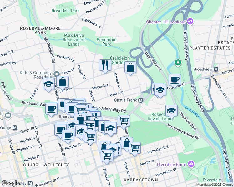 map of restaurants, bars, coffee shops, grocery stores, and more near Dale Avenue in Toronto