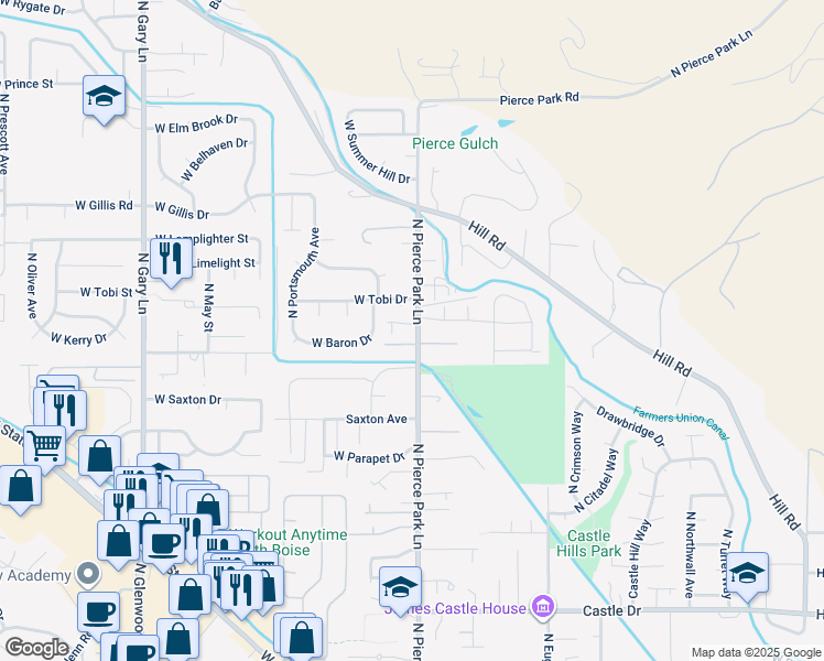 map of restaurants, bars, coffee shops, grocery stores, and more near 5953 North Pierce Park Lane in Boise