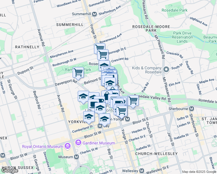 map of restaurants, bars, coffee shops, grocery stores, and more near 934 Yonge Street in Toronto