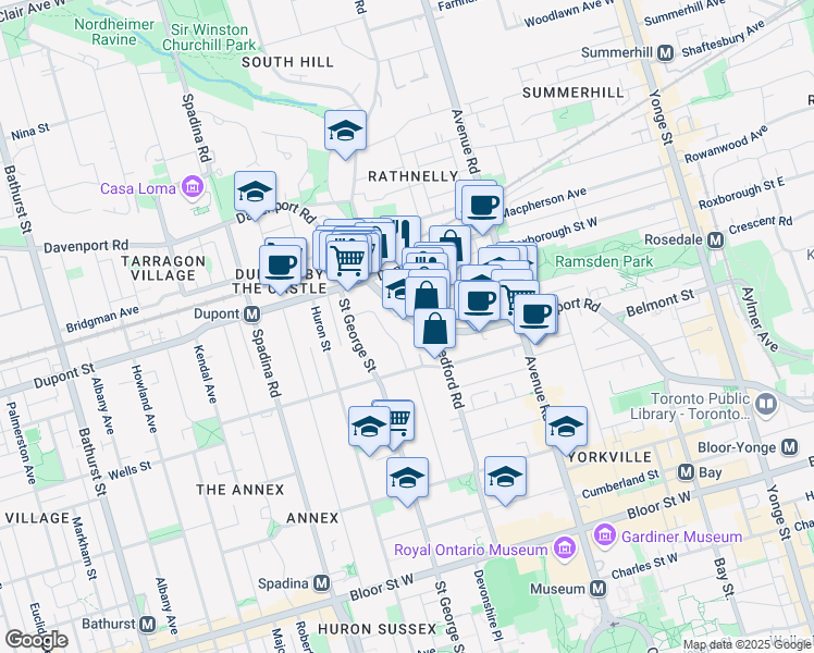 map of restaurants, bars, coffee shops, grocery stores, and more near 321 Davenport Road in Toronto