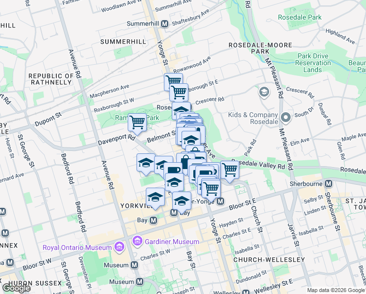 map of restaurants, bars, coffee shops, grocery stores, and more near 942 Yonge Street in Toronto