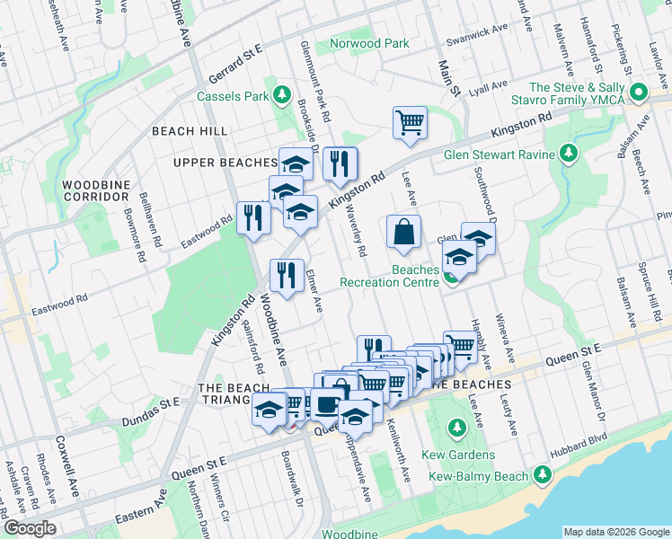map of restaurants, bars, coffee shops, grocery stores, and more near in Toronto