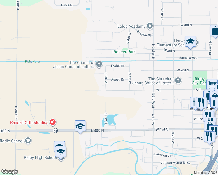 map of restaurants, bars, coffee shops, grocery stores, and more near 196 N 5th W in Rigby