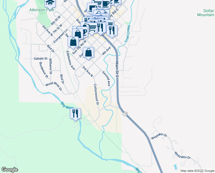 map of restaurants, bars, coffee shops, grocery stores, and more near 593 2nd Avenue South in Ketchum