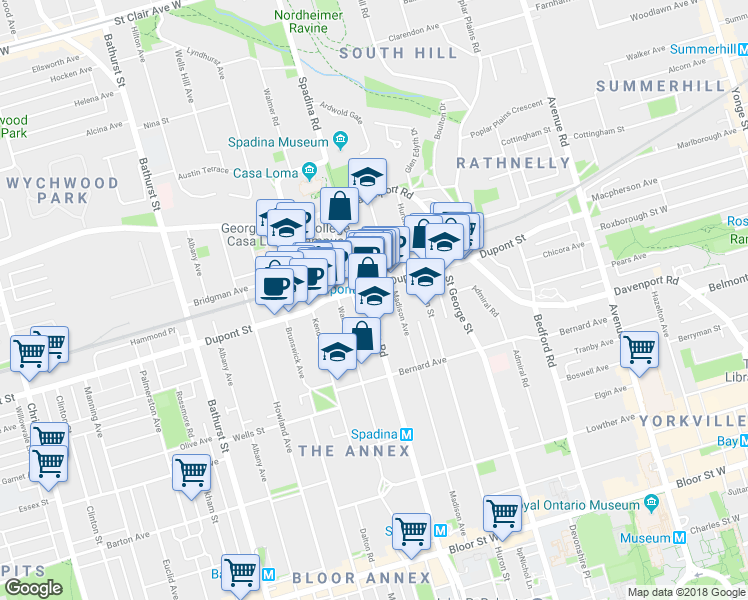 map of restaurants, bars, coffee shops, grocery stores, and more near 180 Spadina Road in Toronto