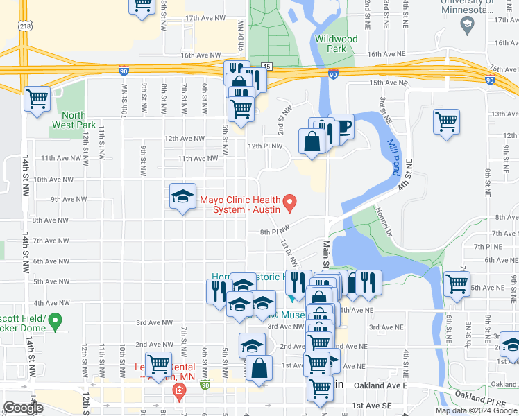 map of restaurants, bars, coffee shops, grocery stores, and more near 406 8th Place Northwest in Austin