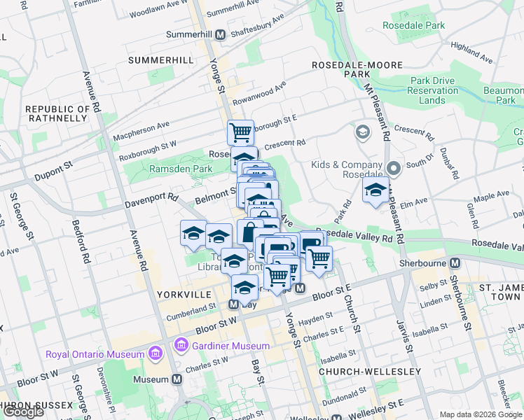 map of restaurants, bars, coffee shops, grocery stores, and more near 889 Yonge Street in Toronto