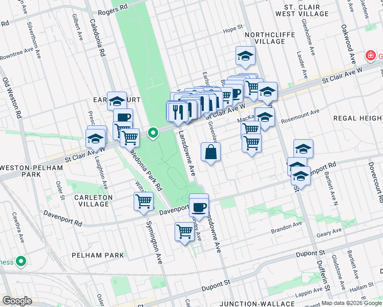 map of restaurants, bars, coffee shops, grocery stores, and more near 1371 Lansdowne Avenue in Toronto