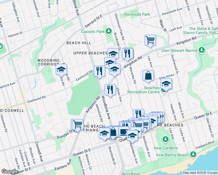 map of restaurants, bars, coffee shops, grocery stores, and more near 323 Kingston Road in Toronto