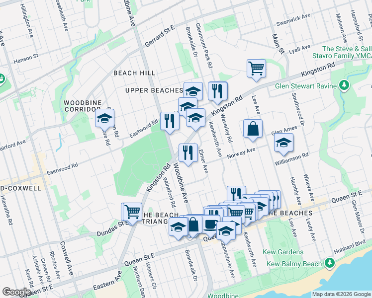 map of restaurants, bars, coffee shops, grocery stores, and more near 325 Kingston Road in Toronto
