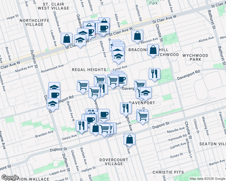 map of restaurants, bars, coffee shops, grocery stores, and more near in Toronto