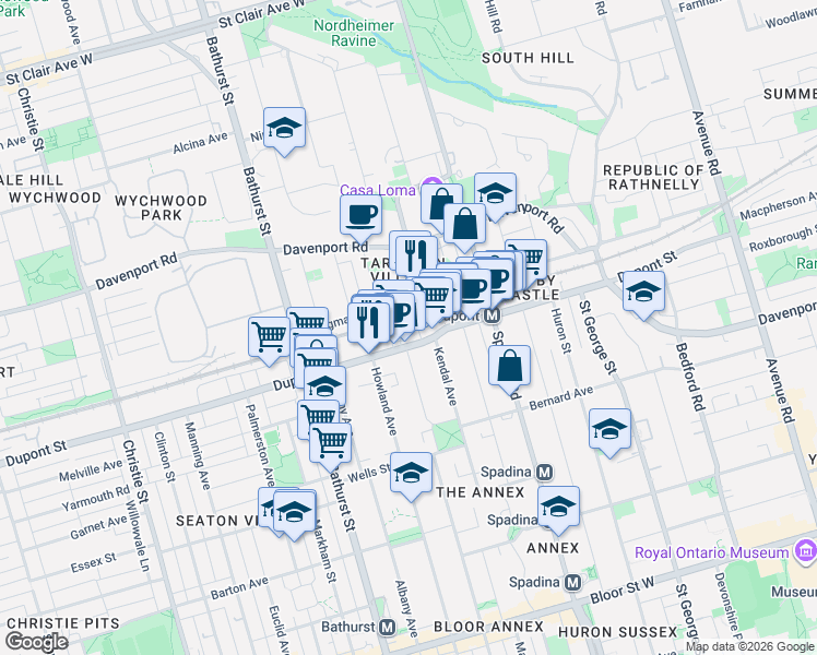 map of restaurants, bars, coffee shops, grocery stores, and more near 539 Brunswick Avenue in Toronto