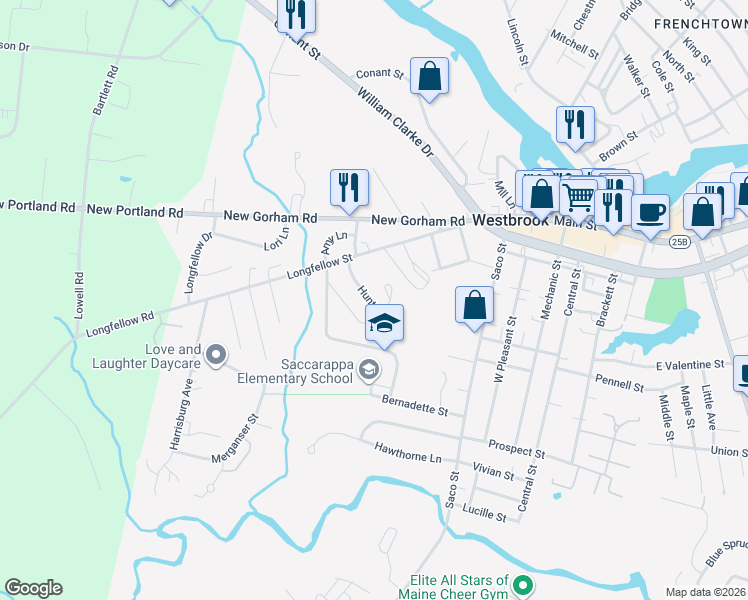 map of restaurants, bars, coffee shops, grocery stores, and more near 51 Huntress Avenue in Westbrook